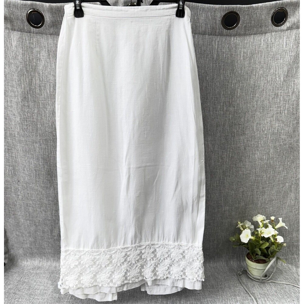 Vintage CLIO Linen Skirt Small white Long Pencil Straight Crochet Lace Hem Trim